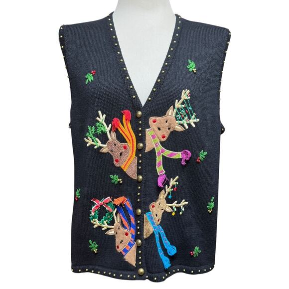 Hampshire Studio Snow Sweater Vest Reindeer Black XL - Picture 1 of 8